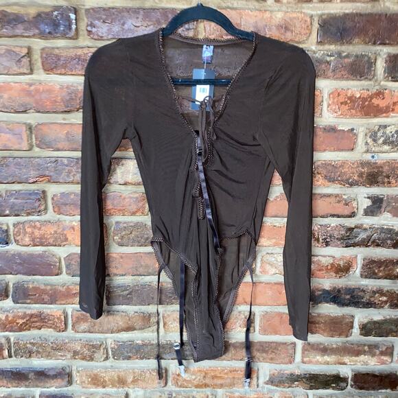 NWT Frederick's of Hollywood Brown Lola Lee Sheer Long Sleeve Bodysuit Medium - Picture 2 of 7